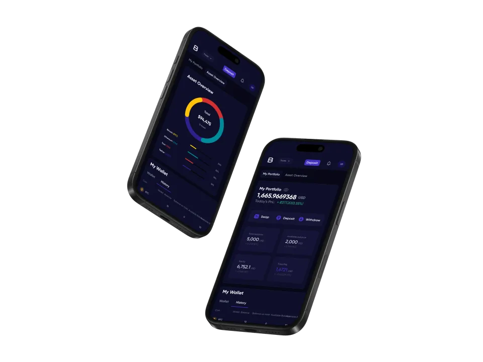 Two phones: one with the asset overview and its allocation ring, the other with the portfolio balance and the swap, deposit and withdraw buttons.